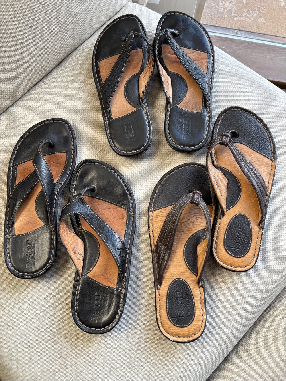 Born Leather Flip Flops Bundle of 3 Black/Black/Brown Thong Sandals